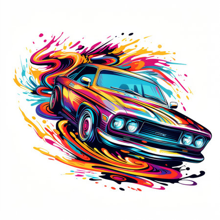 Vintage car with colored splashes. Vector illustration on white background.の素材