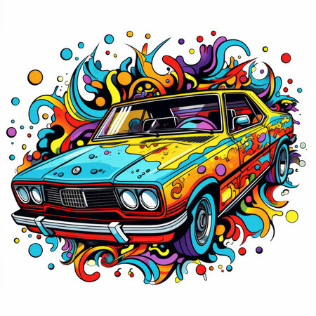 Hand drawn vector illustration of a vintage car on colorful abstract background.の素材