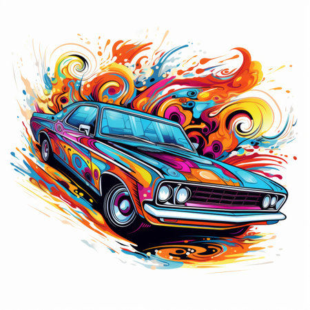 Vector illustration of a retro car on a grunge background with colorful splashesの素材