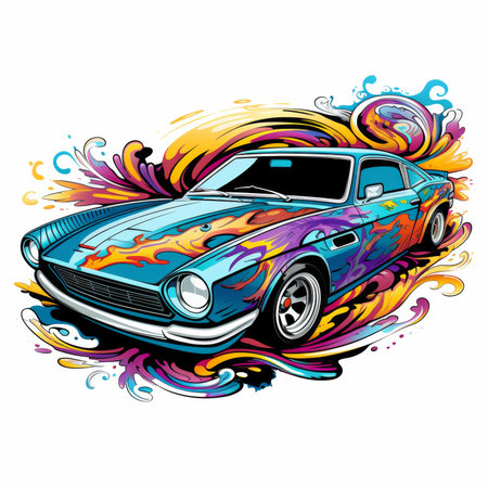 Vector illustration of a vintage car with colorful splashes on a white backgroundの素材