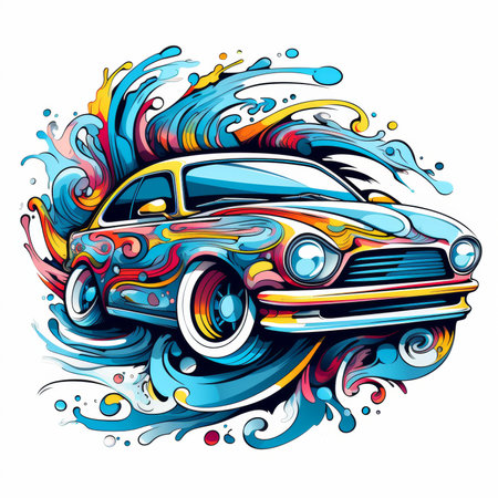 Vintage car with colorful splashes. Vector illustration on white background.の素材