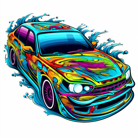 Vector illustration of a car with splashes on a white background.の素材