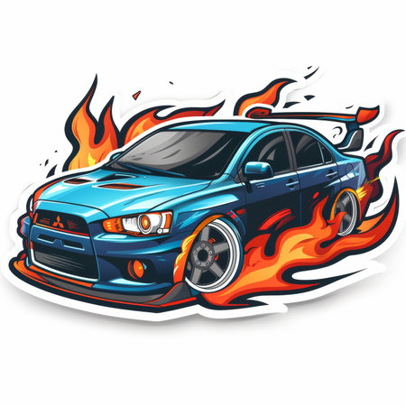 Vector illustration of a blue sport car with flames on a white backgroundの素材