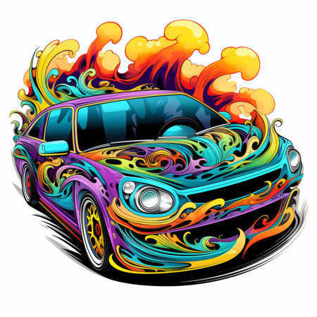 Illustration of a car with colorful flames on a white background.の素材