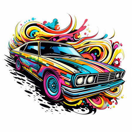illustration of a retro car with colorful paint splashes on white backgroundの素材