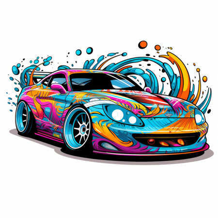 Sport car with colorful splashes. Vector illustration on white background.の素材
