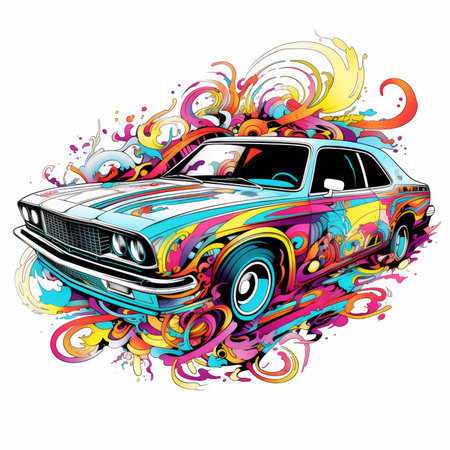 Vector illustration of a vintage car on a colorful background with splashesの素材
