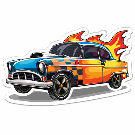 Illustration of a classic american car with flames on a white backgroundの素材