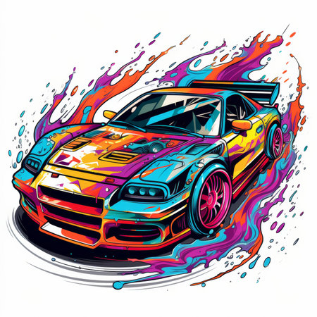 vector illustration of a sports car on a background of colored splashesの素材
