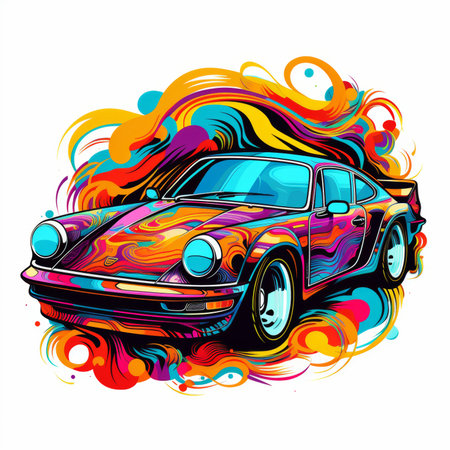 Vector illustration of a vintage car on a colorful background with splashesの素材