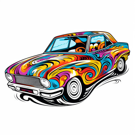 Vintage car vector illustration. Retro car with abstract colorful pattern.の素材