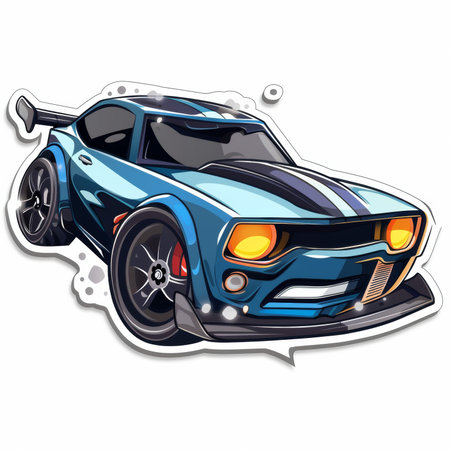 Vector illustration of a blue sports car sticker isolated on white background.の素材