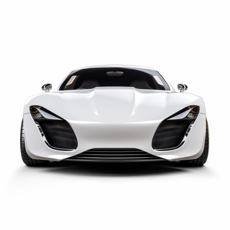 White modern sports car - front view. 3D rendering isolated on white backgroundの素材