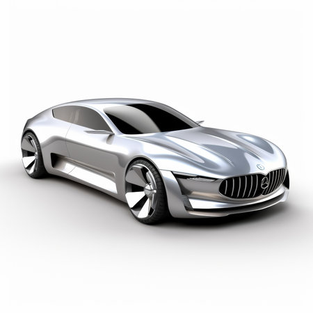 Silver sports car on a white background with a shadow on the groundの素材