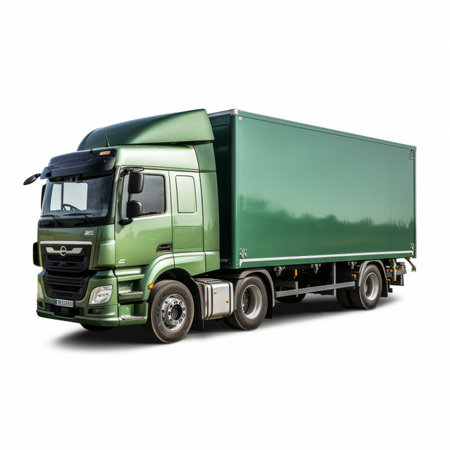 Modern green truck for transportation of bulk cargo on white background with shadowの素材