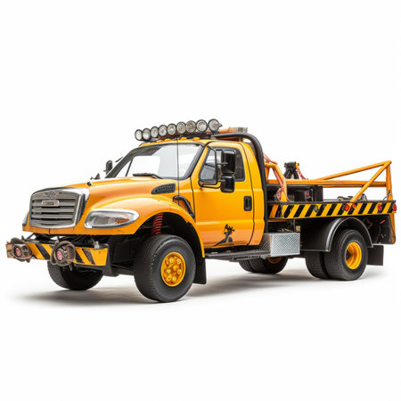 Modern yellow tow truck for transportation of bulk cargo on white background with shadowの素材