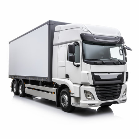 White commercial delivery truck isolated on white background. 3d rendering.の素材