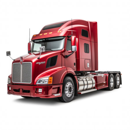 Big red modern semi-trailer truck on white background with shadowの素材