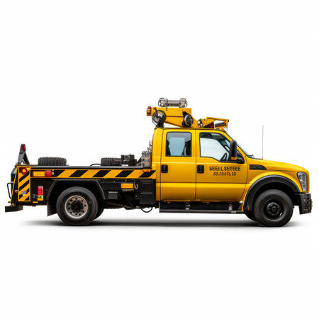 Yellow tow truck with crane on white. Side view. 3D illustrationの素材