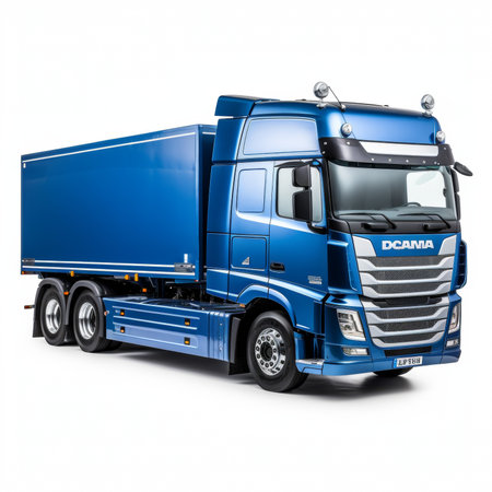 Blue truck with a trailer on a white background. 3d renderingの素材
