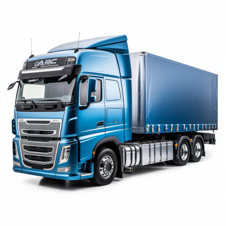 Modern semi-trailer truck isolated on a white background with shadowの素材