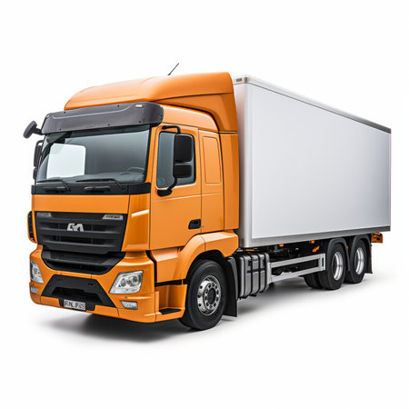 isolated orange truck on a white background with shadow 3d renderの素材
