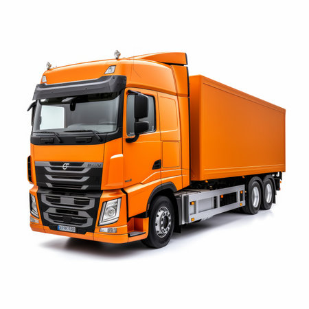 Modern orange truck for transportation of bulk cargo on a white background with shadowの素材