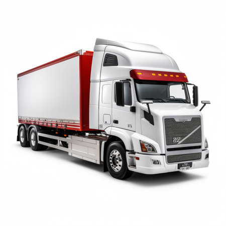 White truck with a red trailer on a white background. 3d renderingの素材