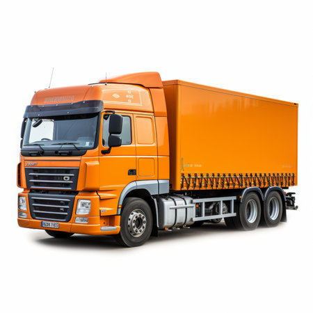 Modern orange truck for transportation of bulk cargo on a white background with shadowの素材