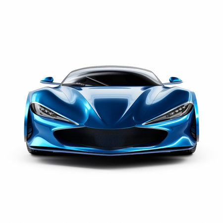 Blue modern sports car - front view 3D render on white backgroundの素材