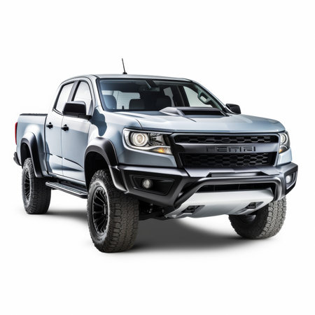 Modern gray pickup truck on a white background with a shadow on the groundの素材