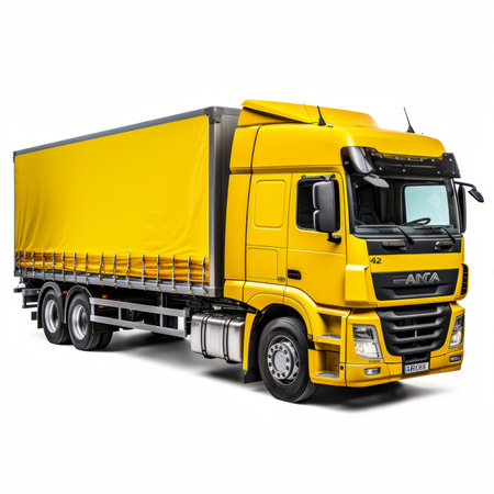 Modern yellow truck for transportation of bulk cargo. 3D rendering on white background with shadowの素材