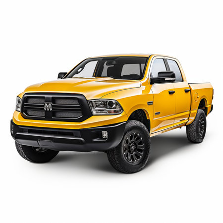 Modern pickup truck yellow color on a white background with a shadow on the groundの素材