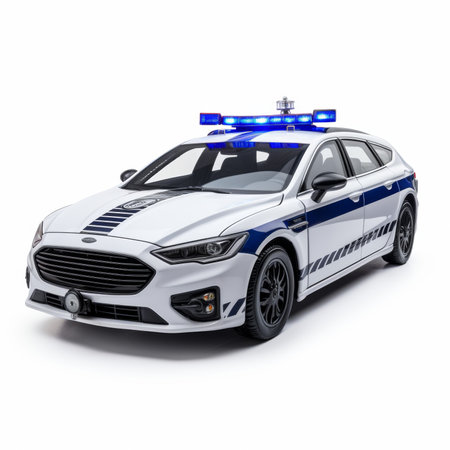 Police car on a white background with a blue spotlights. 3d renderingの素材