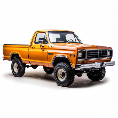 Modern pickup truck orange color on a white background with a shadow on the groundの素材