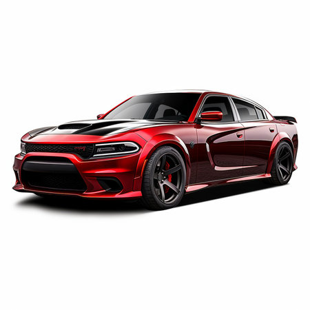 Modern luxury sport car in red and black color with shadow on white backgroundの素材
