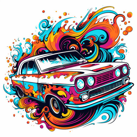 Vector illustration of a retro car with colorful splashes and curves.の素材