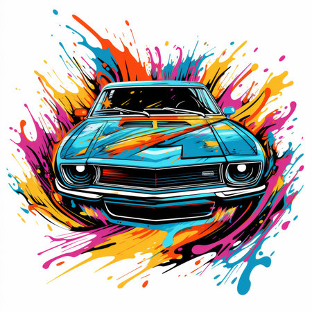 Vintage muscle car on colorful splashes background. Vector illustration.の素材