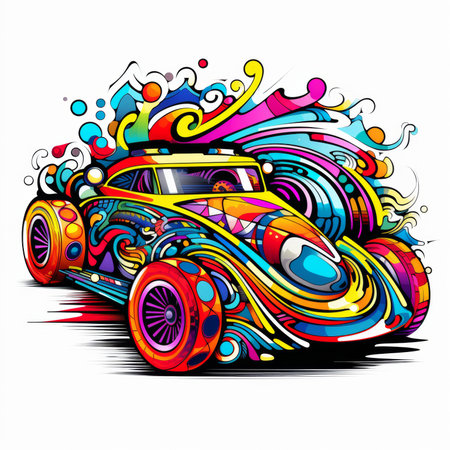 Hand drawn vector illustration of a vintage car with colorful abstract elements.の素材