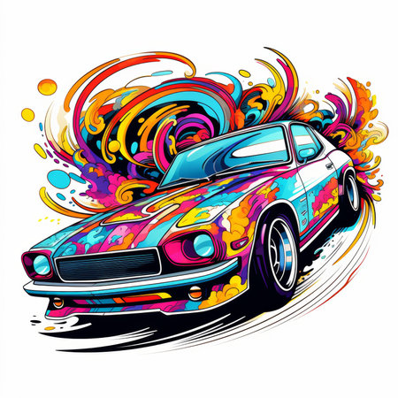 Vector illustration of a classic car on colorful background with splashes.の素材