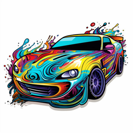 Vector illustration of sports car with colorful splashes and blots.の素材