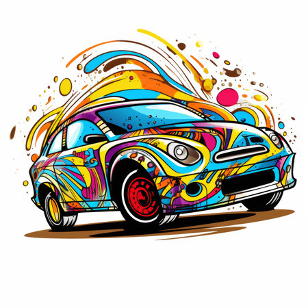 Vector illustration of a car with colorful paint splashes on a white backgroundの素材