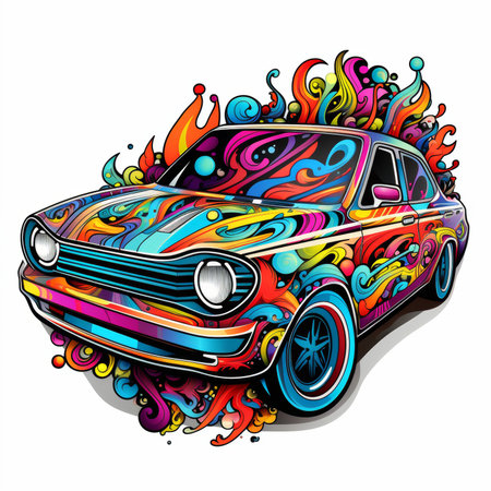 Vector illustration of a retro car with colorful abstract pattern on a white backgroundの素材