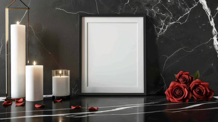 Mock up poster frame on black marble wall background, 3d renderの素材