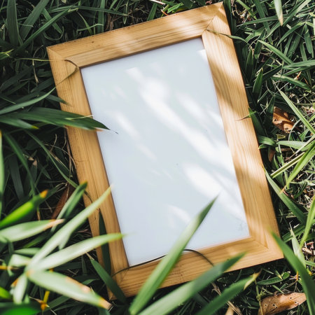 Wooden photo frame on green grass. Flat lay, top viewの素材