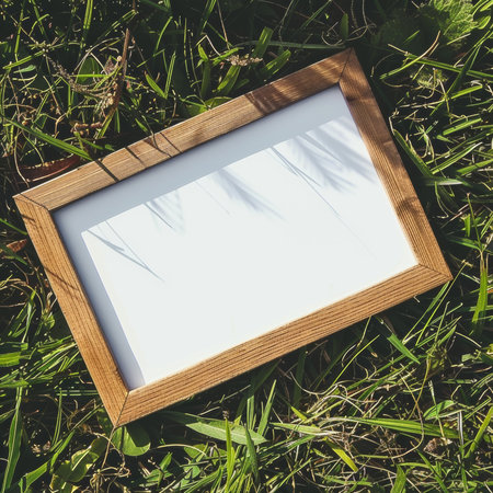 Blank wooden photo frame on green grass background, top view.の素材