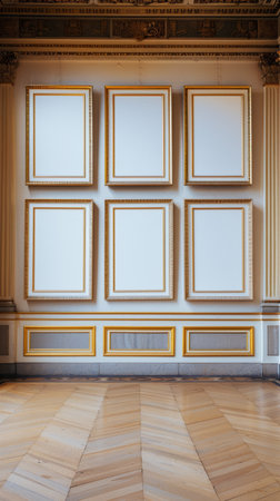 Interior of an old classic building with frames on the wall.の素材