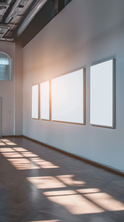Gallery interior with empty frames on wall. Mock up, 3D Renderingの素材