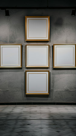 3d rendering of blank frames on a concrete wall in a roomの素材