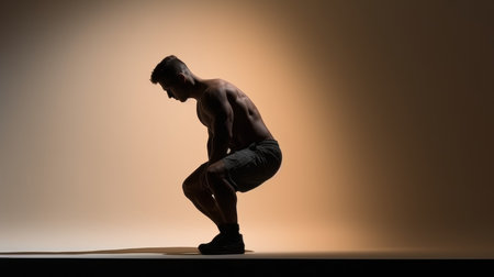 Silhouette of a man doing push-ups on a studio backgroundの素材